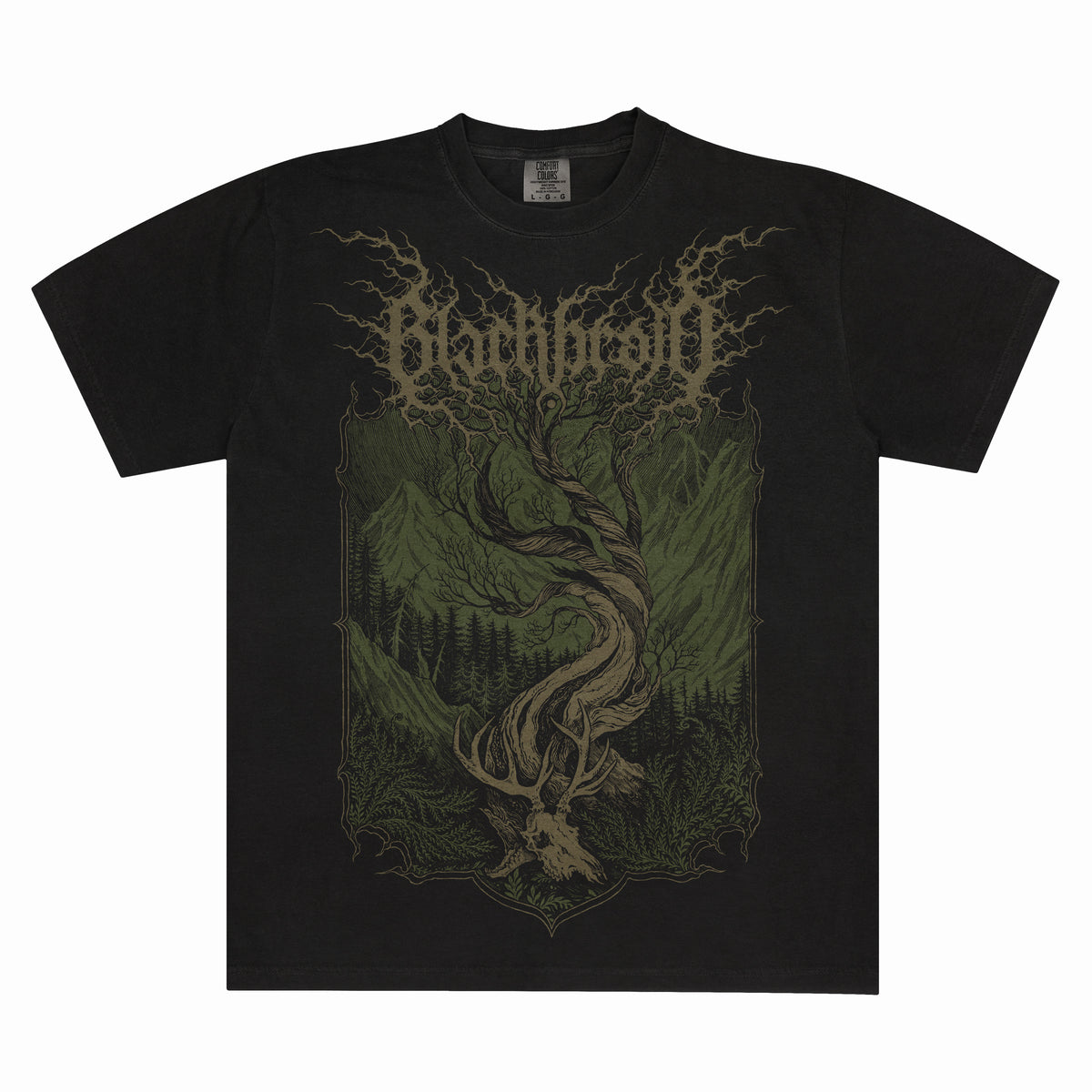 Faded black Blackbraid Forest T-shirt with a green logo