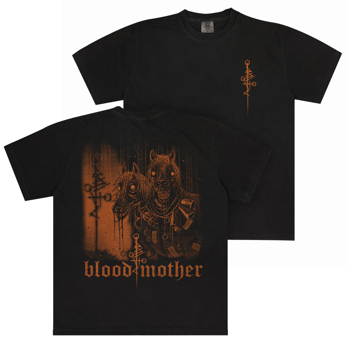 Black Blood Mother T-shirt with orange print, front and back